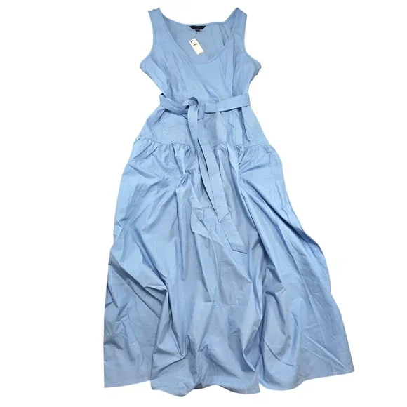 Banana Republic Women 10 Blue Poplin Scoop Princess Seams Midi Dress Tie Waist - Picture 2 of 8